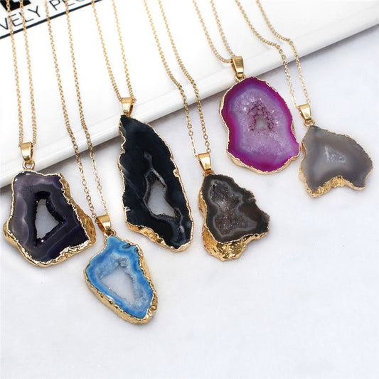 Natural Geode Crystal Agate Reiki Pendant Necklace