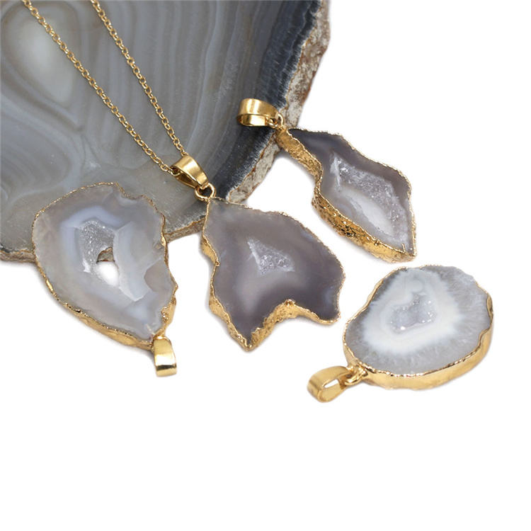 Natural Geode Crystal Agate Reiki Pendant Necklace