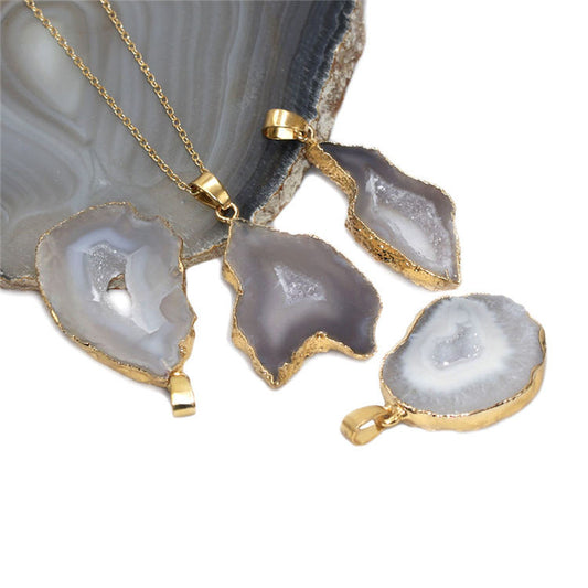 Natural Geode Crystal Agate Reiki Pendant Necklace