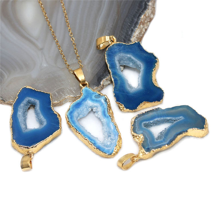 Natural Geode Crystal Agate Reiki Pendant Necklace