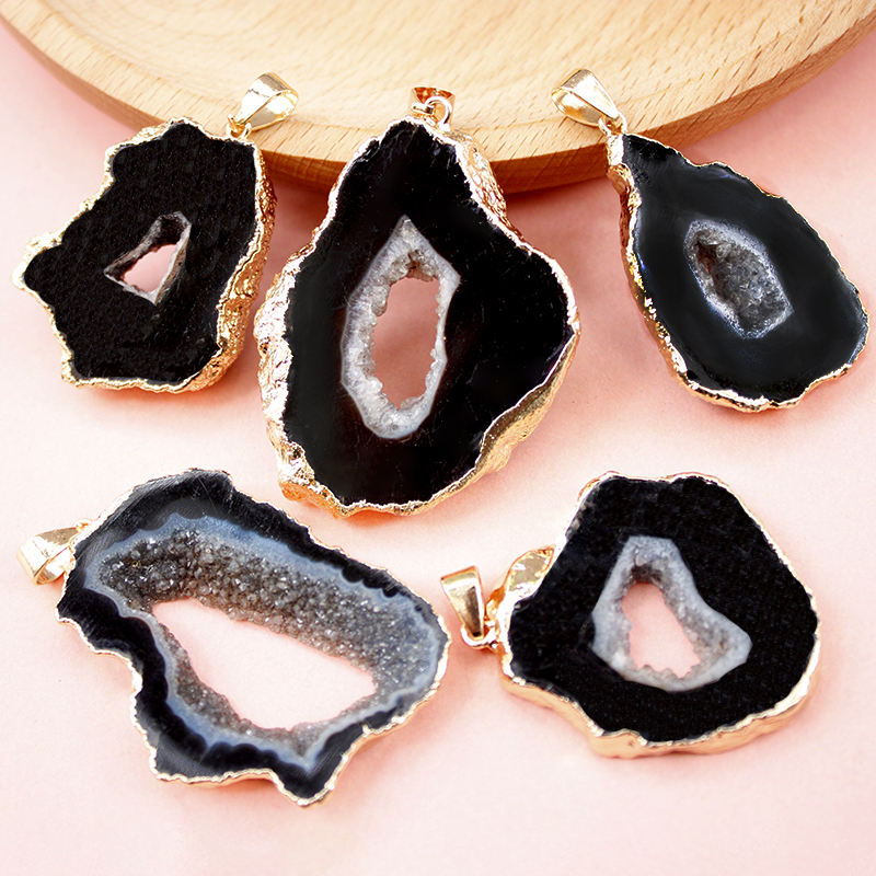 Natural Geode Crystal Agate Reiki Pendant Necklace