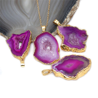 Natural Geode Crystal Agate Reiki Pendant Necklace