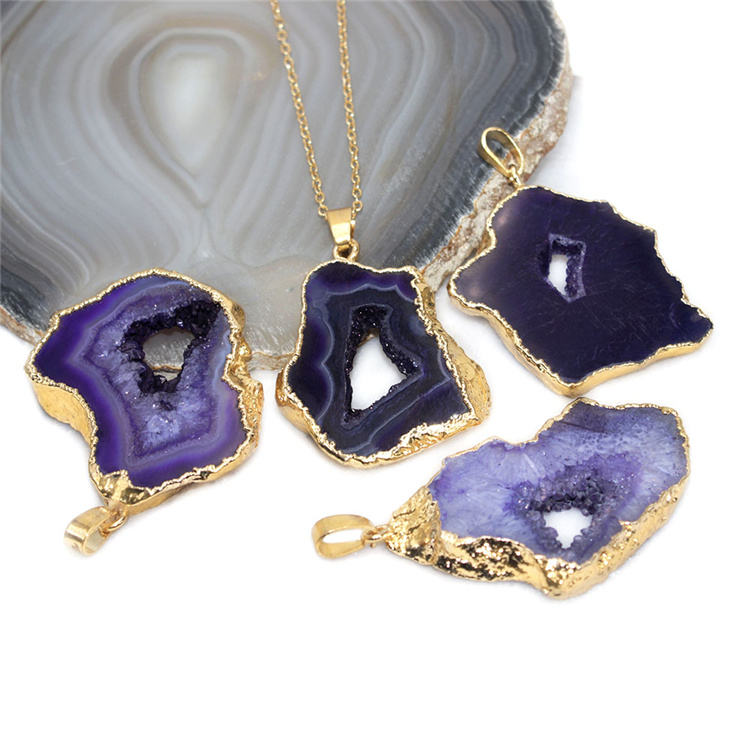 Natural Geode Crystal Agate Reiki Pendant Necklace